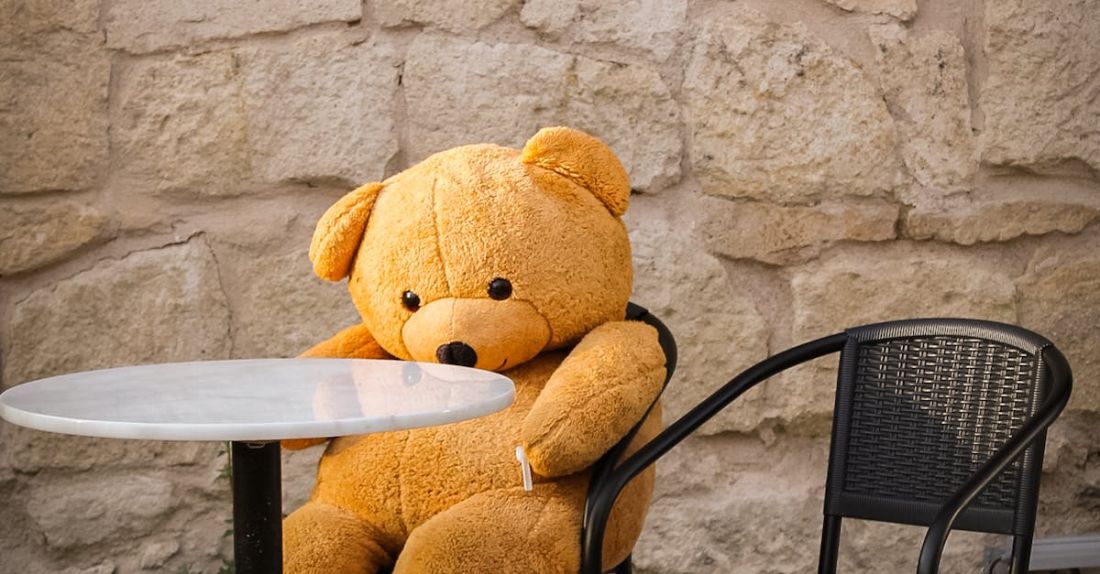 Chew Toys - A teddy bear sitting at a table with a chair